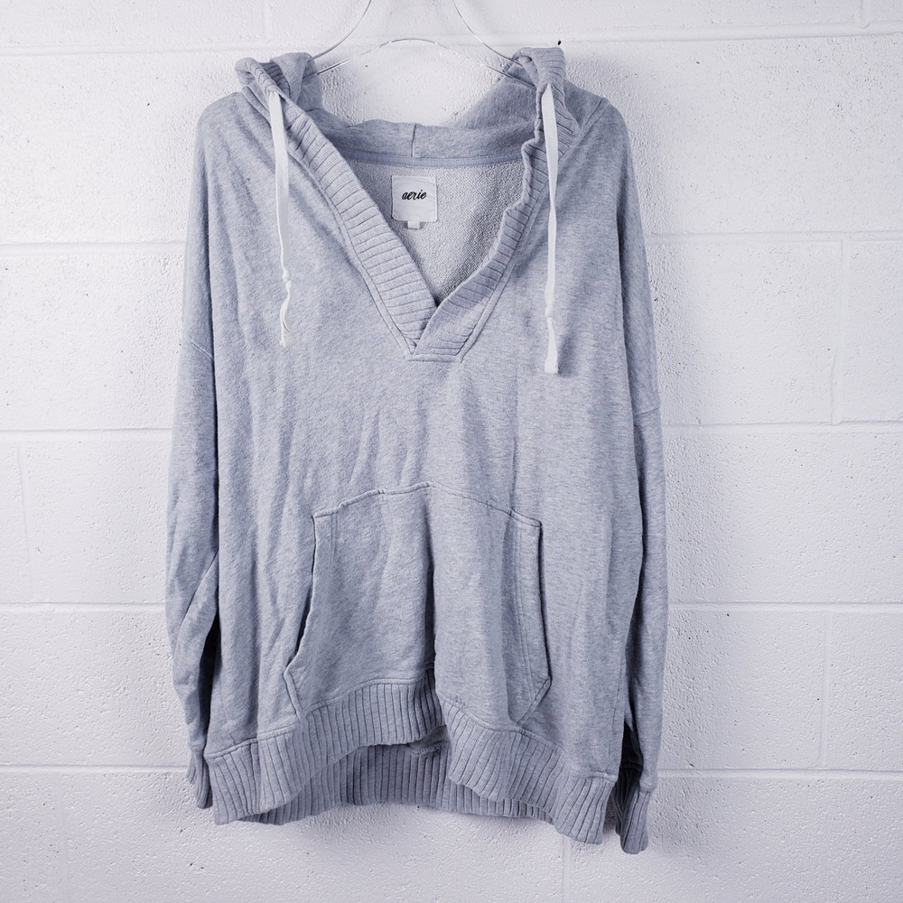 Aerie Sweatshirt Hoodie Gray V-Neck Oversized Womens Size Large